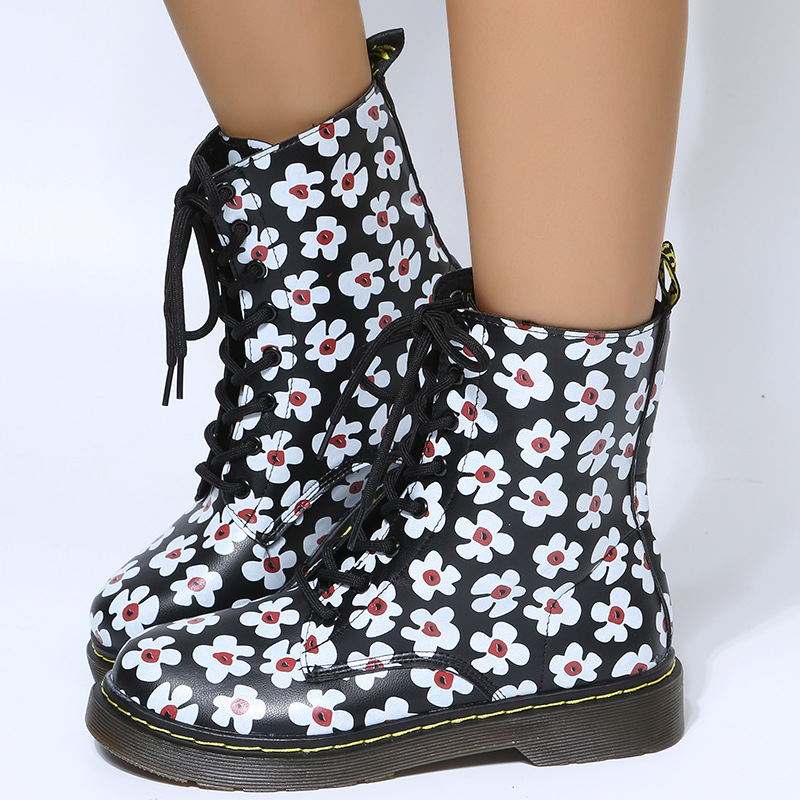 European and American flat bottom flower lace-up Martin boots for women large size printed high top leather boots Leather boots
