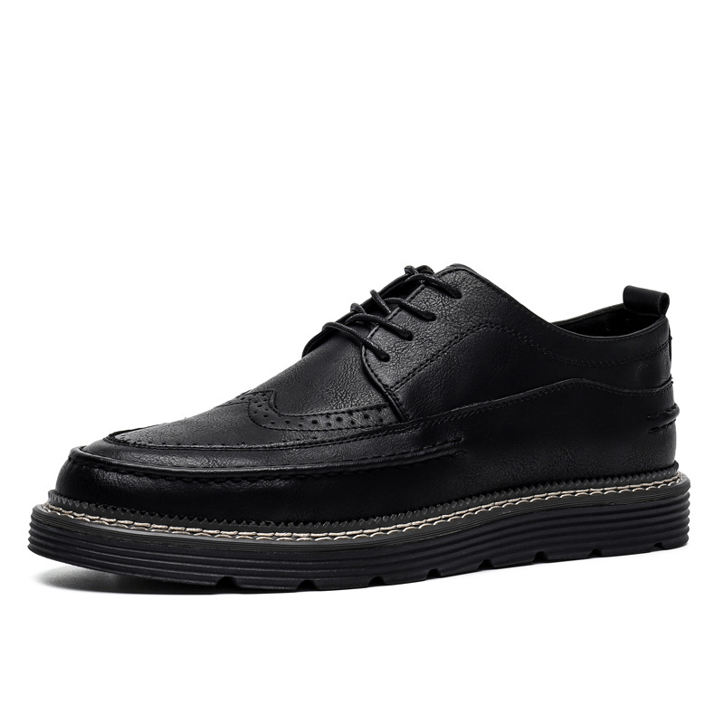 2024 Fashion Brogues Men Casual Flat Thick Sole Male Footwear Pure Black Shoes A4834