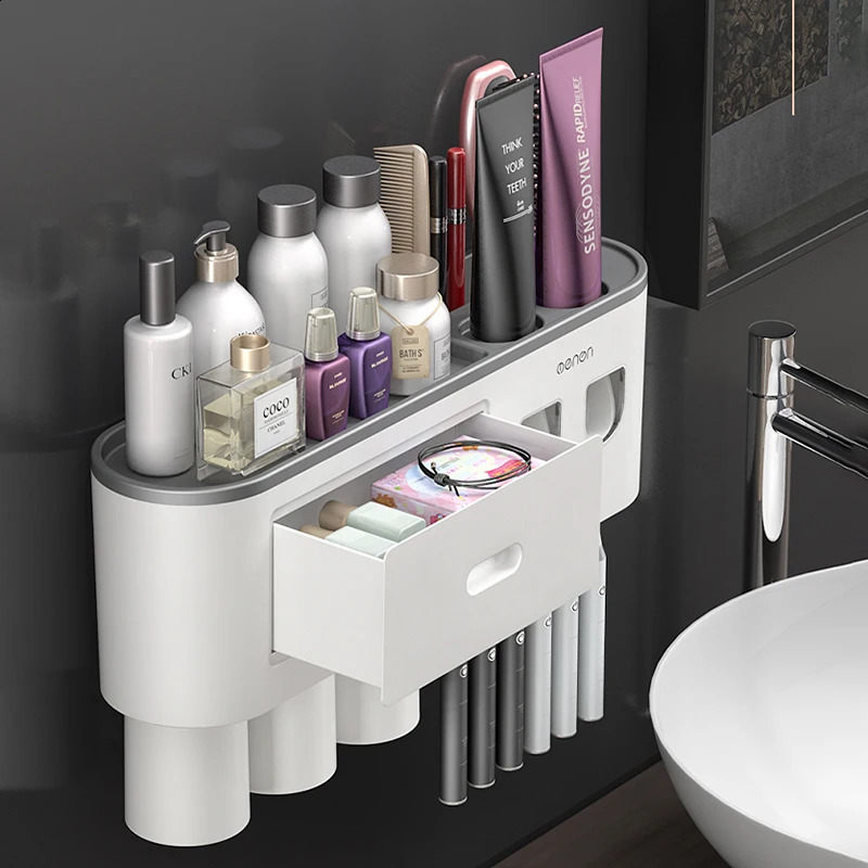 Wall-mounted Toothbrush Holder With 2 Toothpaste Dispenser Punch-free Bathroom Storage For Home Waterproof Bathroom Accessories 240830