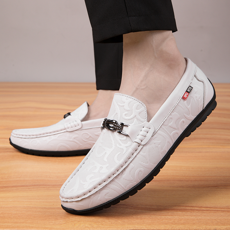 Leather Loafers: Men's Casual Slip-On Shoes with Buckle, Black and White, 2024 4