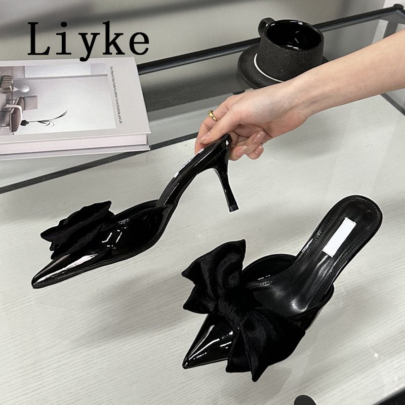 Liyke 2024 Spring New Brand Women Pumps Slipper Sexy Bowknot Pointed Toe Slip On Ladies Mules Thin Low Heels Dress Sandal Shoes
