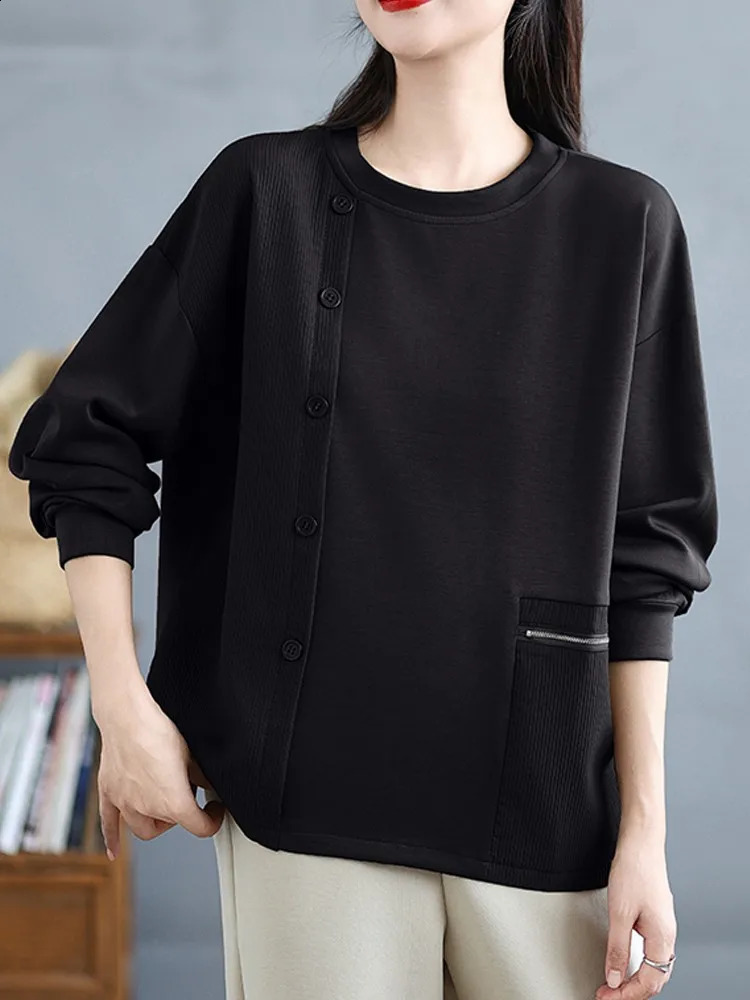 solid color floral loose long sleeved checkered sports shirt for womens autumn straight Oneck streetwear patch work retro top 240827
