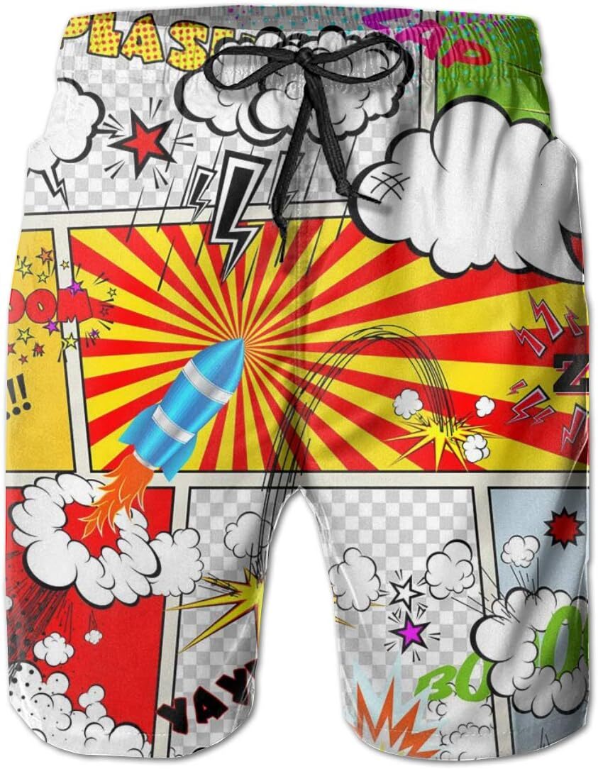 Mens Shorts 3D Printing Pattern Retro Comic Book Men Swim Trunks Quick Dry Beach Hawaiian Pants For