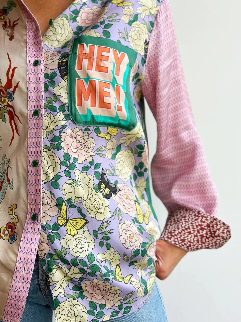 Fashion Graffiti Long Sleeve Turndown Collar Blouse Vintage Print Graphic Shirt 2024 Cardigan Casual Streetwear Clothing 240819