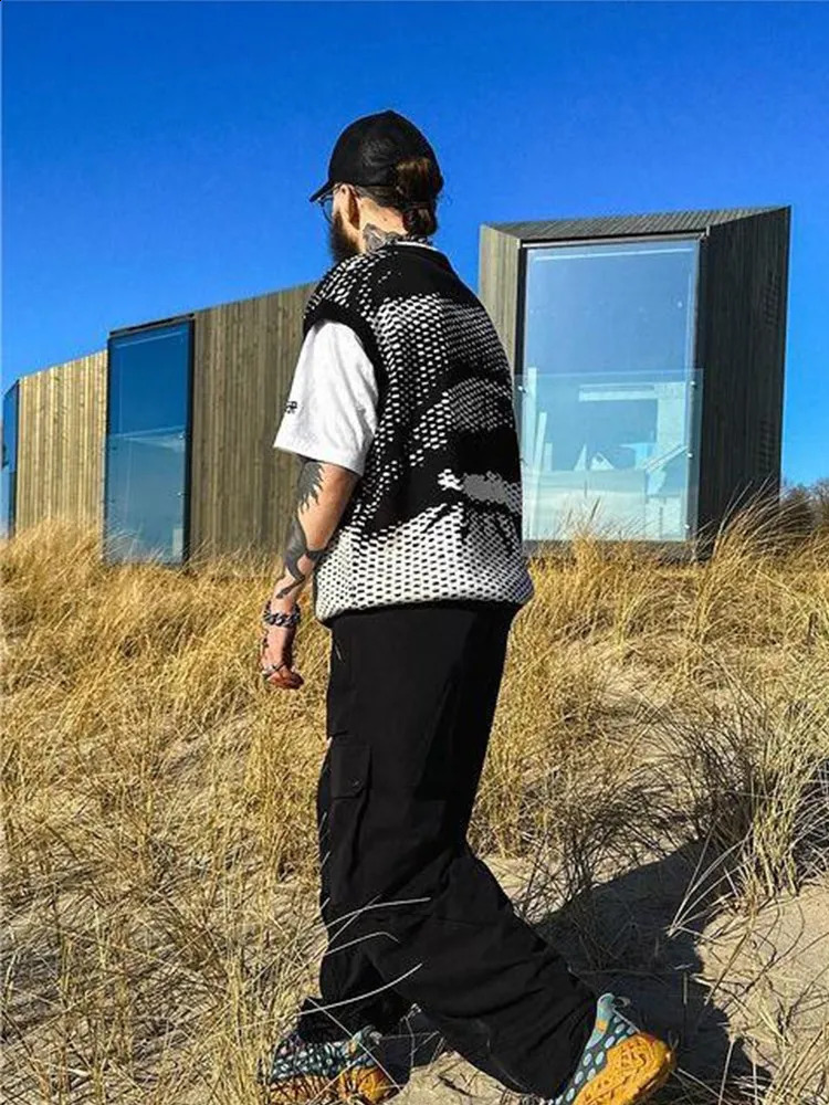 Fashion Knitted Vest Mens Winter V-neck Sleeveless Vest Gothic Jacquard High Quality Y2K Knitted Sweater Womens Clothing 240829