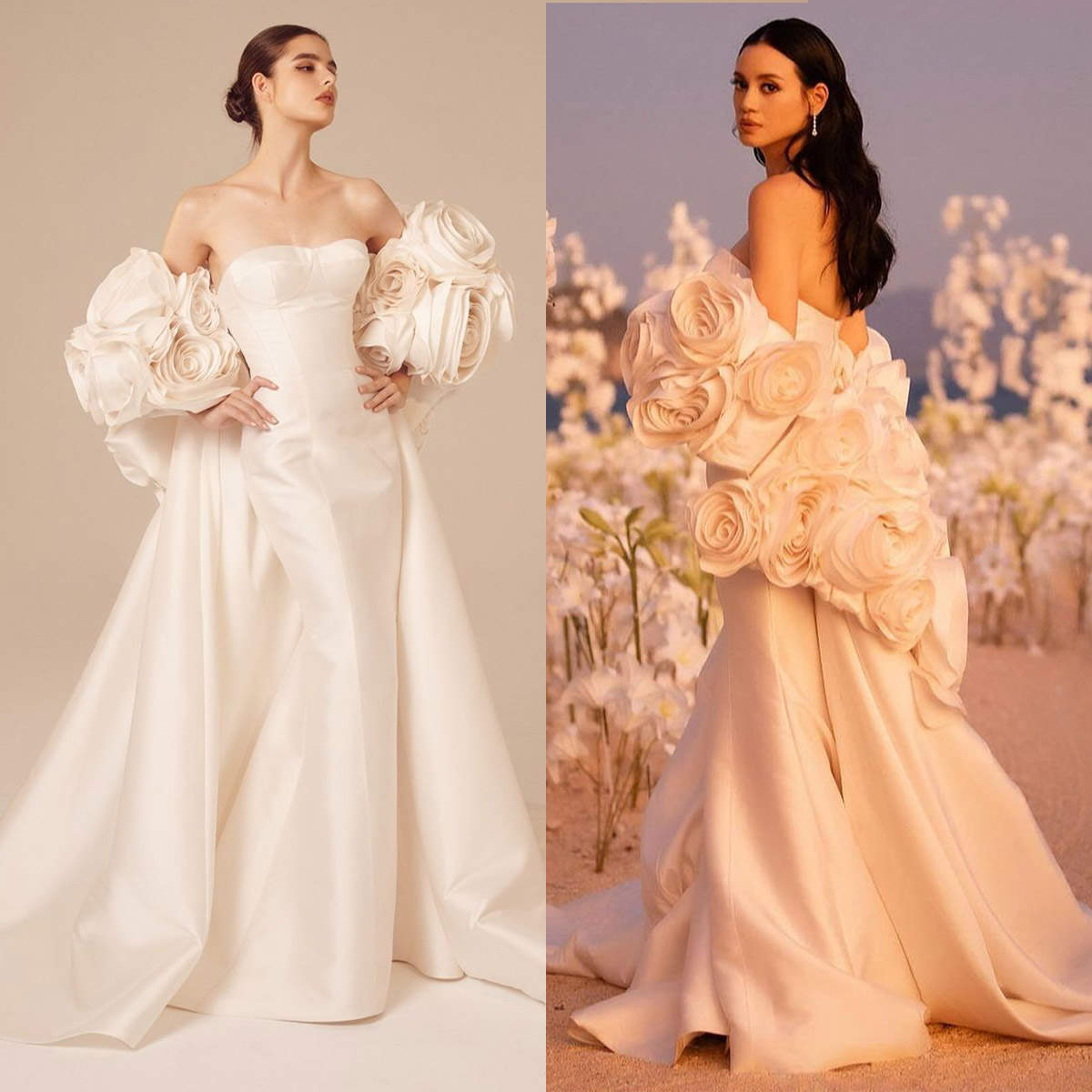 Handmade Flowers Wedding Dress Satin Mermaid Backless Bridal Gowns Custom Made 2 Pieces Wraps vestidos de novia