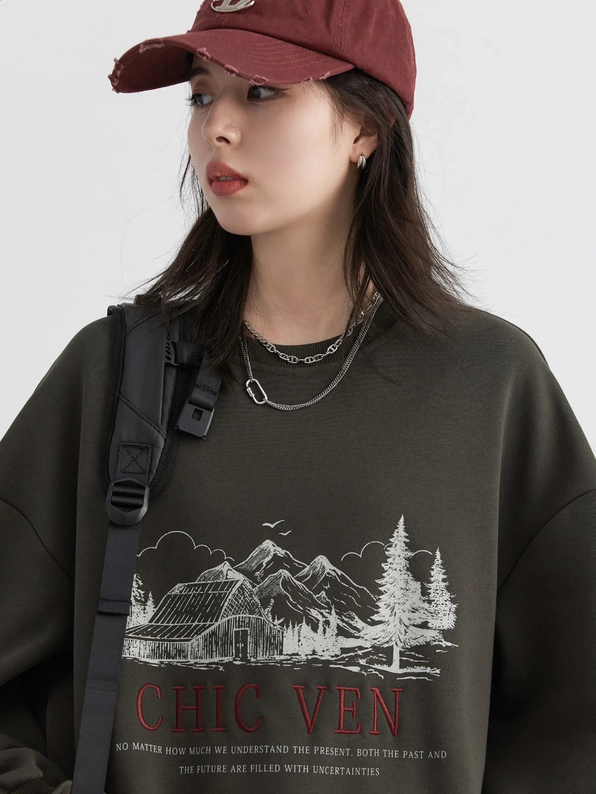CHIC VEN Womens Sportswear Loose Casual Retro Round Neck Letter Embroidered Large Shoulders Top SpringSummer 240827
