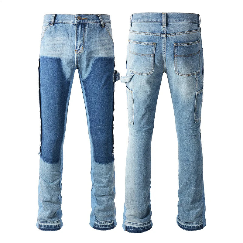 European and American High Street Washed Splicing Multipocket Blue Flared Jeans Retro Brushed Pants Trendy Denim Trousers 9307 240826Z