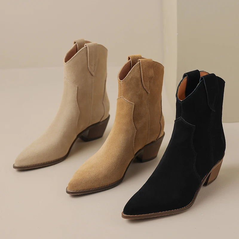 JOZHAMTA Size 34-43 Western Cowboy Boots Suede Genuine Leather Thick Heels New Winter Shoes For Women Cowgirl Heel Short Boot