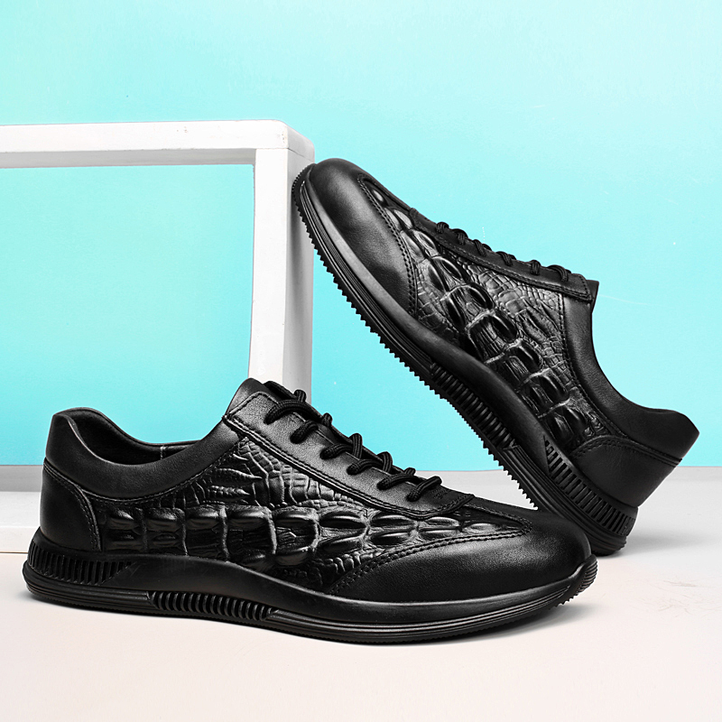 Genuine Leather Mens Casual Shoes Lace Up Fashion Trainers Non Slip Lightweight Sneakers Crocodile Pattern Male Tenis Masculino