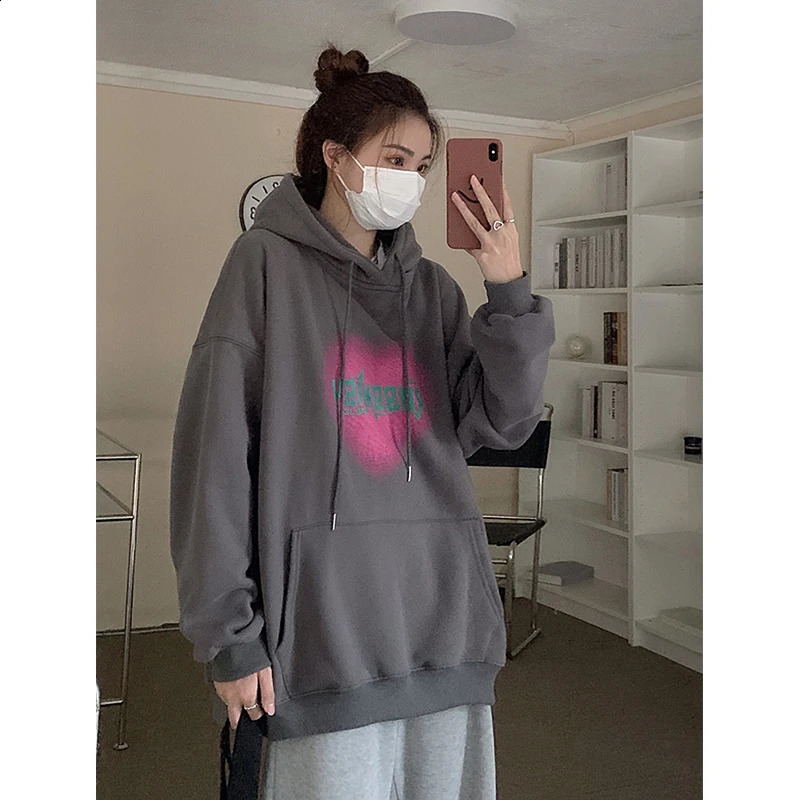 Womens Grey Fashion Letter Printing Bag Zipper Pocket Wool Thick Sweater Lazy Casual Lagrand Sleeve Hoodie Winter 240827
