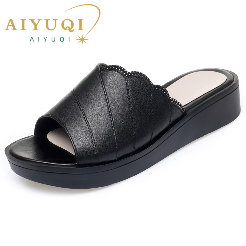 AIYUQI Women Slippers Summer 2024 New Genuine Leather Fashion Women Slippers Large size Wedge Mom Slippers