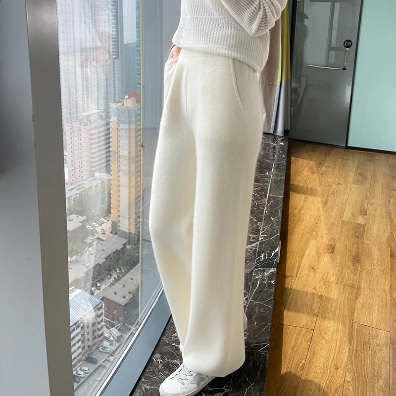 Knitted wide leg pants wool cashmere womens warm knit elegant loose 240827