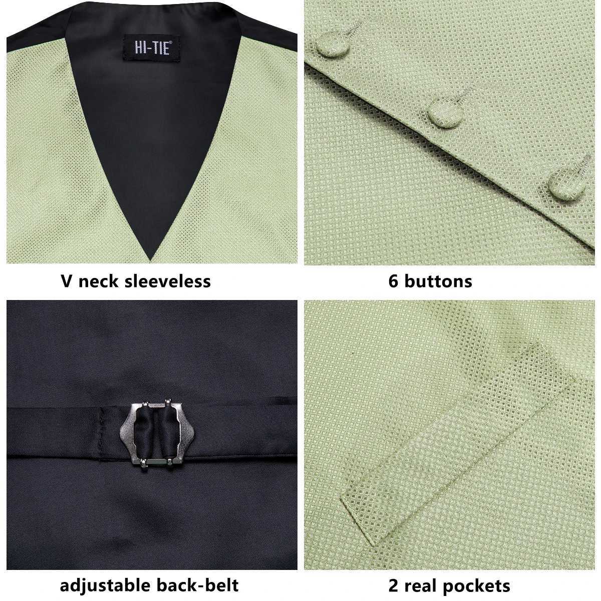 Hi-Tie Silk Mens Suit Vests 4PC Woven Sage Green Solid Waistcoat Tie Pocket Square Cufflinks Business Wedding Dress Waist Jacket Y240830