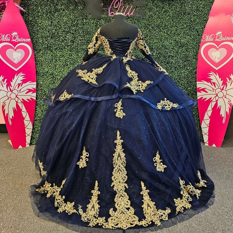 Blue Navy Quinceanera Dresses Ball Gown For Weet Girl Beading Gold Appliques Lace With Train Princess Dress Vestidos De