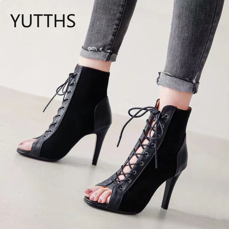Sandalis Mujer Lace Up Sandals Women 2023New Summer Hollow Short Thin Heel High Heels Dance Party Shoes Large 43 Women's Sandals