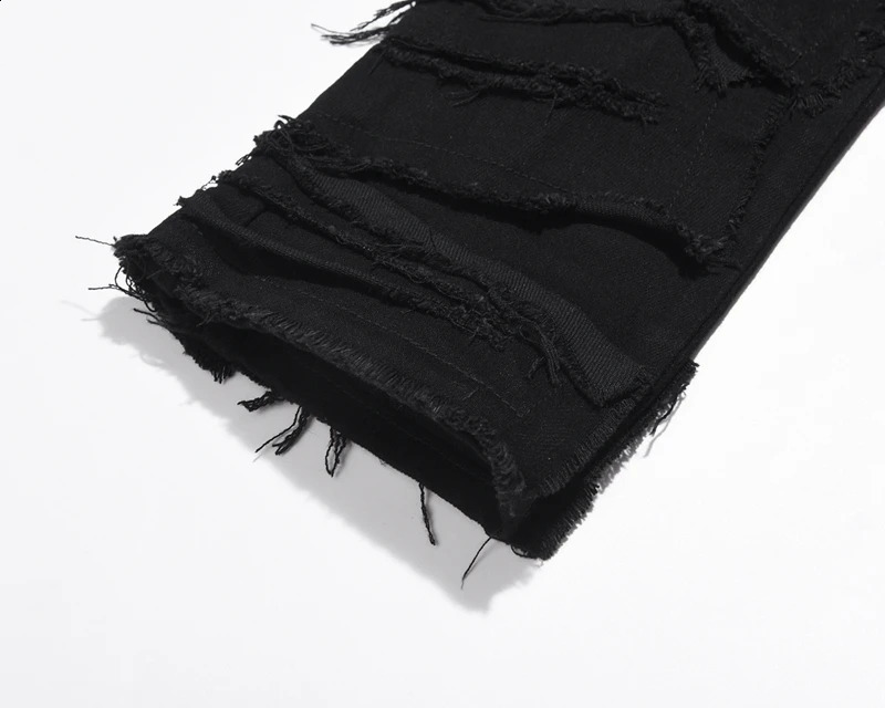 Harajuku Frayed Distressed Retro Black Jeans Pants Men and Women Straight Ripped Hole Solid Color Baggy Casual Denim Trousers 240826Z