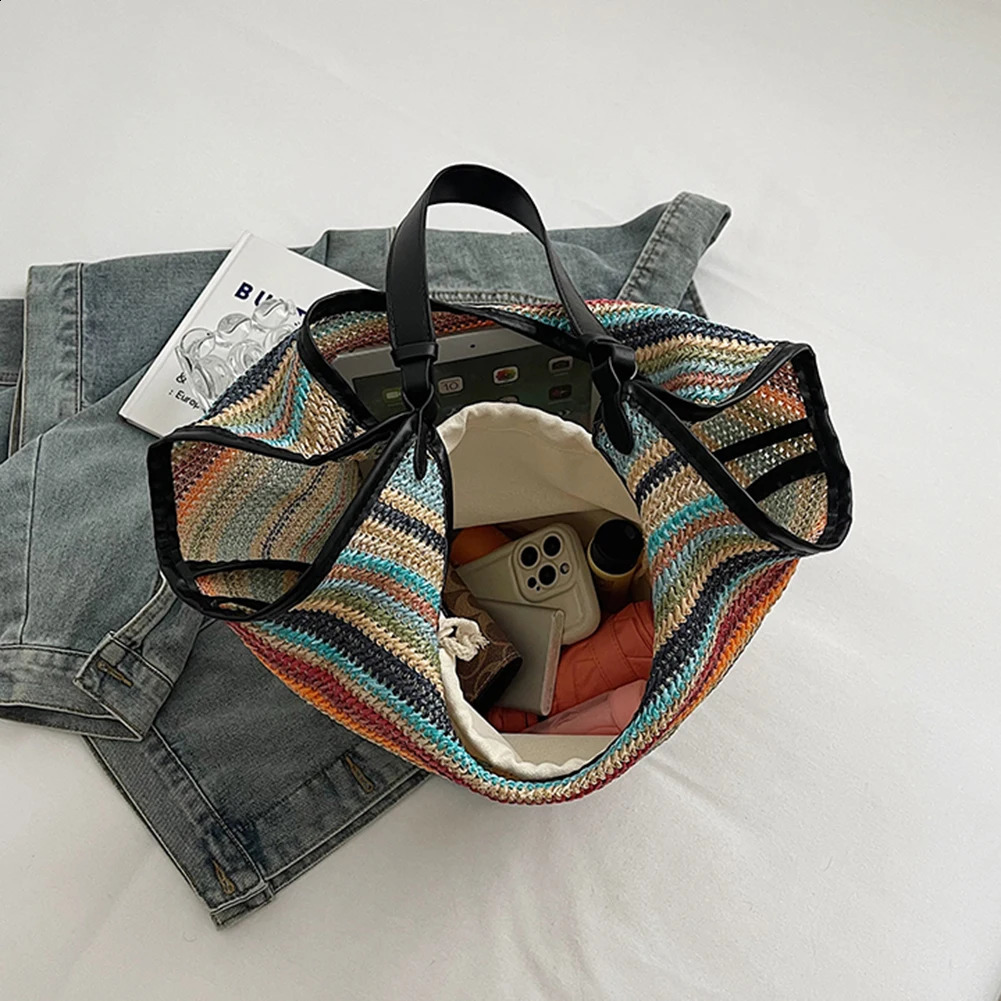 Womens straw bag womens handbag simple shoulder large capacity wallet woven strip hand outdoor travel 240830