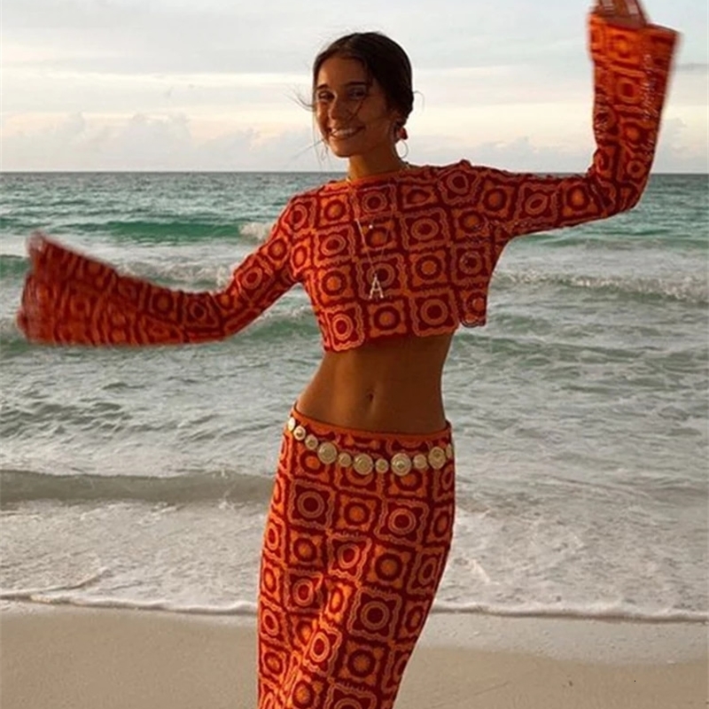 Knitted Top Midi Dress Womens Beach Flower Hollow Flame Sleeve Waist Hip Set 240829