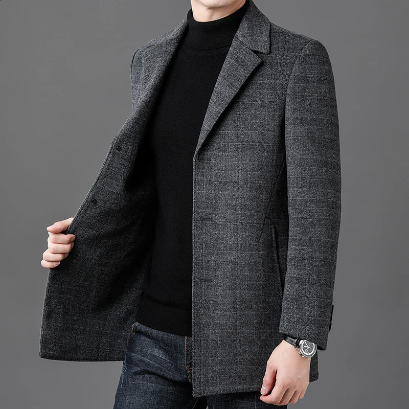Classic mens gray striped wool coat autumn and winter business casual medium thick wool coat jacket warm and windproof 240829