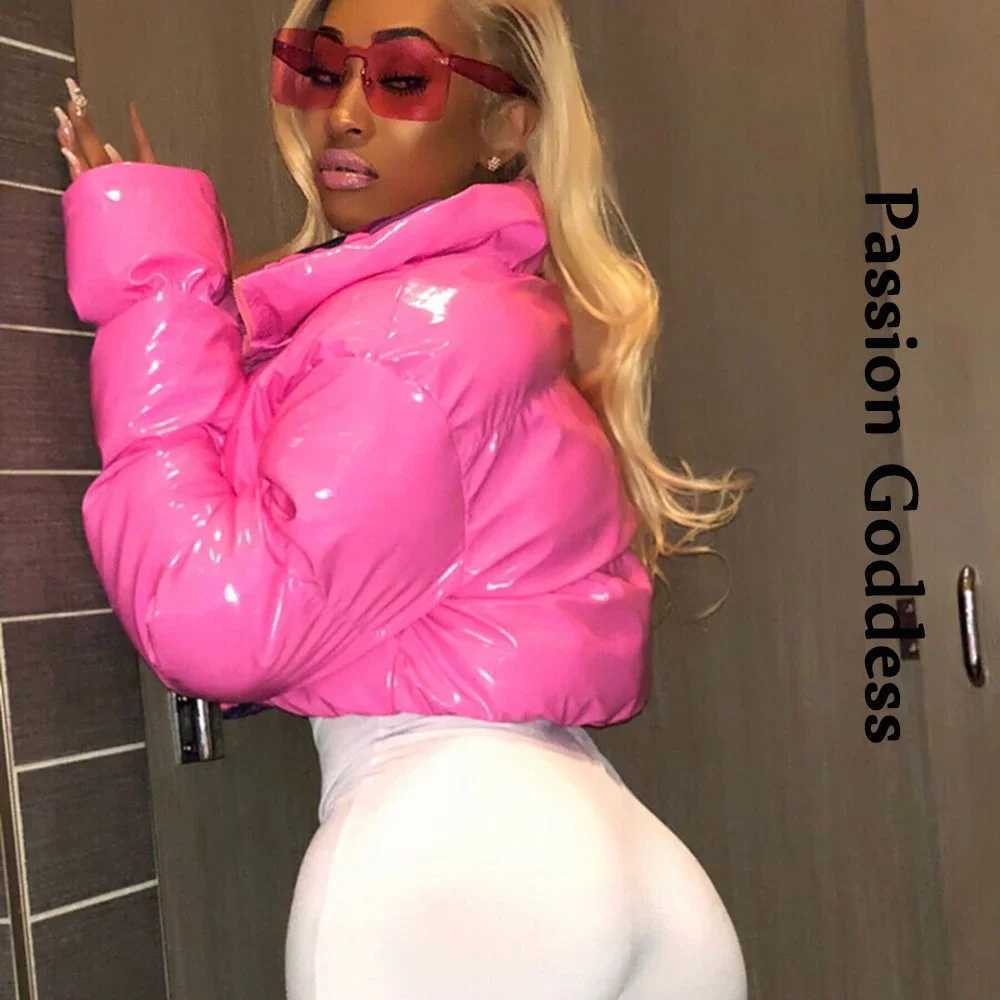 Women's Down Parkas Women Shiny PU Camouflage Puffer Jacket Winter Camo Bubble Coats Zip Paisley Leather Patchwork Parkas Down Both Side Wear Y24