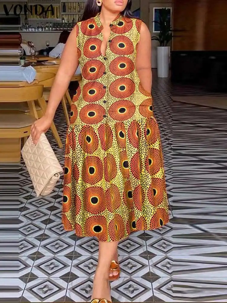VODA Bohemian Long Sun Skirt Womens Printed Midi Dress 2024 Sleeveless Ruffle Party Tank Top Button Casual Loose Sun Skirt 240830