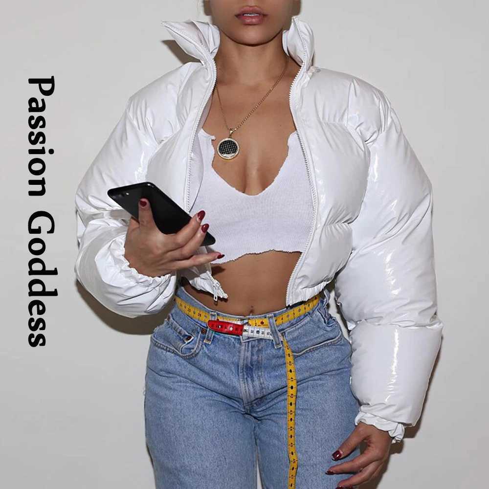 Women's Down Parkas Autumn Women Bright PU Puffer Jackets Winter Warm Shiny Leather Neon Bubble Coats Parkas Down Zipper Cropped Jacket Parkas Y2