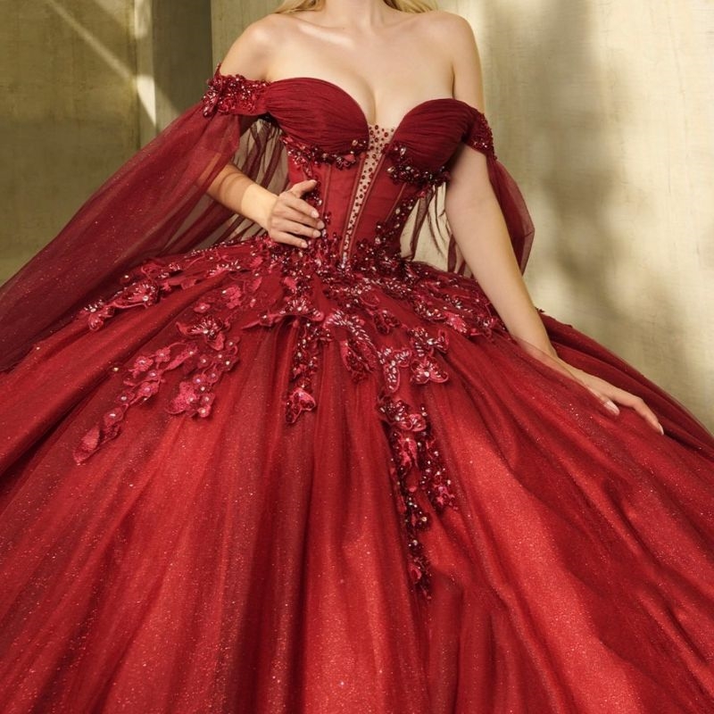 Red Shiny Quinceanera Dresses With Cape Lace Applique Butterfly Beads Tull Sweet 16 Dress Mexican Party Birthday Vestidos 15 De XV Anos