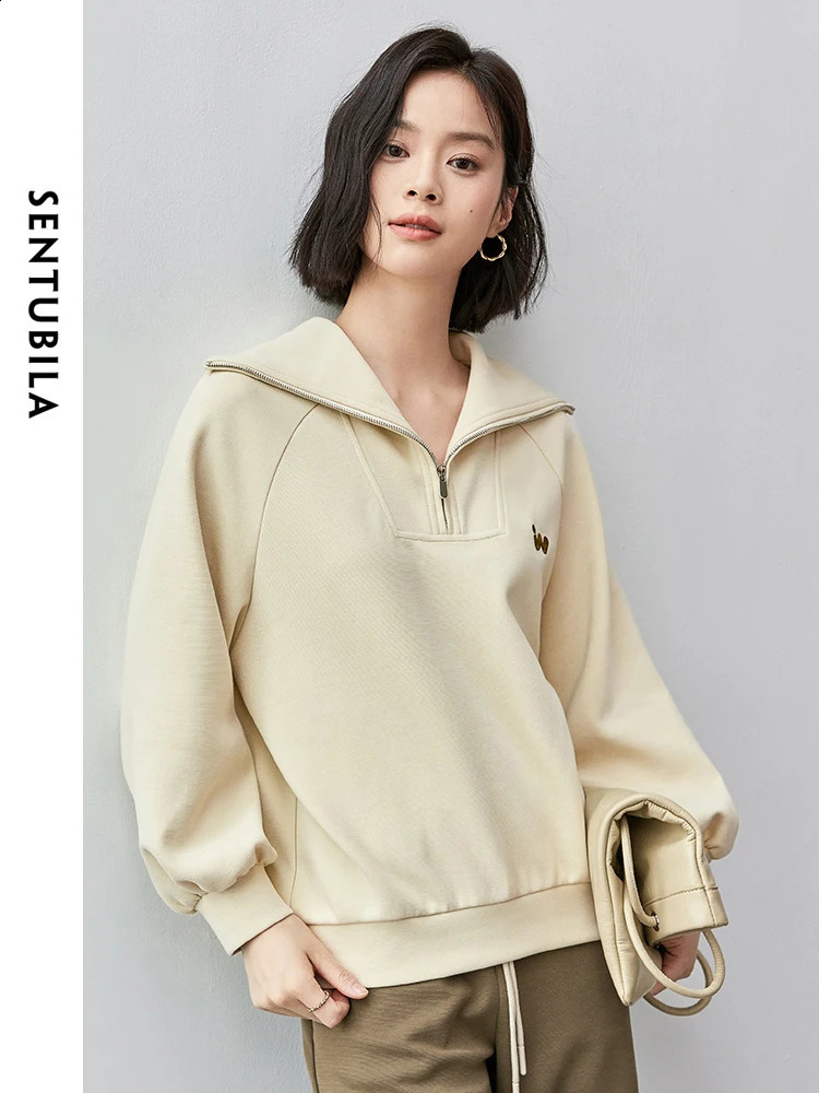 SENTUBILA Womens Casual Cotton Sweatshirt Autumn Straight Letter Embroidered Solid Half Open Collar Coat 143A55822 240827