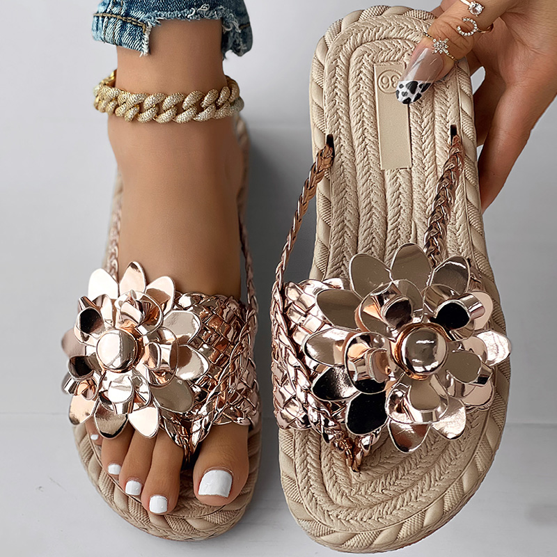 Women's Casual Flat Flip Flops with Holographic Braided Strap and Floral Toe Post Design Perfect for Beach Vacations and Everyday Comfort