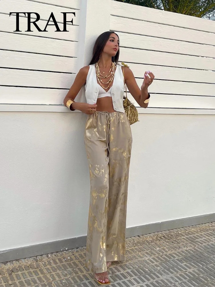 TRAF Womens Y2K Fashion Pants Baggy Metal Printed Pants Tied Straight Female Spring Autumn Causal Trousers Streetwear 240829