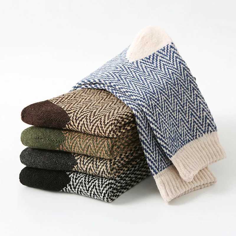 Men's Socks 5 Pairs/Lot Mens Thick Wool Socks Autumn And Winter High Quality Japanese Vintage Stripes Warm Comfortable Soft Socks EU 38-44 Y24083