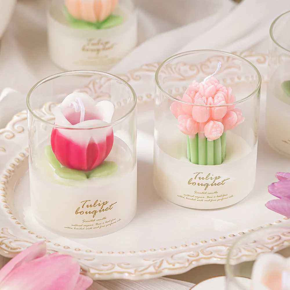 1 Piece Of Tulip Flower Scented Candle Exquisite And Beautiful Atmosphere Scented Candle Cup Suitable For Living RoomXJ240830
