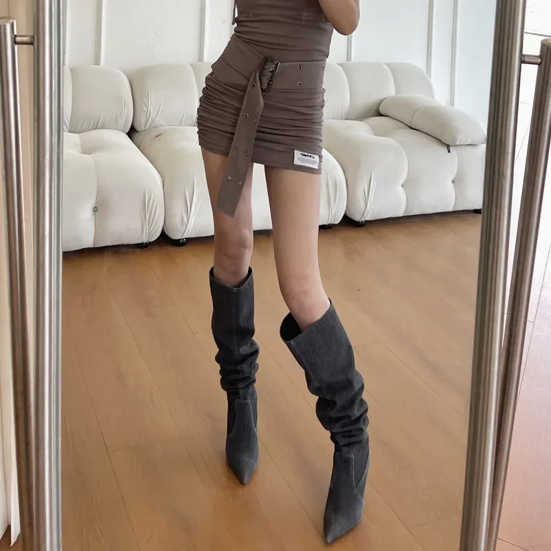 High Heel Women Long Boots Retro Pointed Toe Denim Western Knight Boots Ladies Zip Shoes Fashion High Heel Knee-high Boots 2024