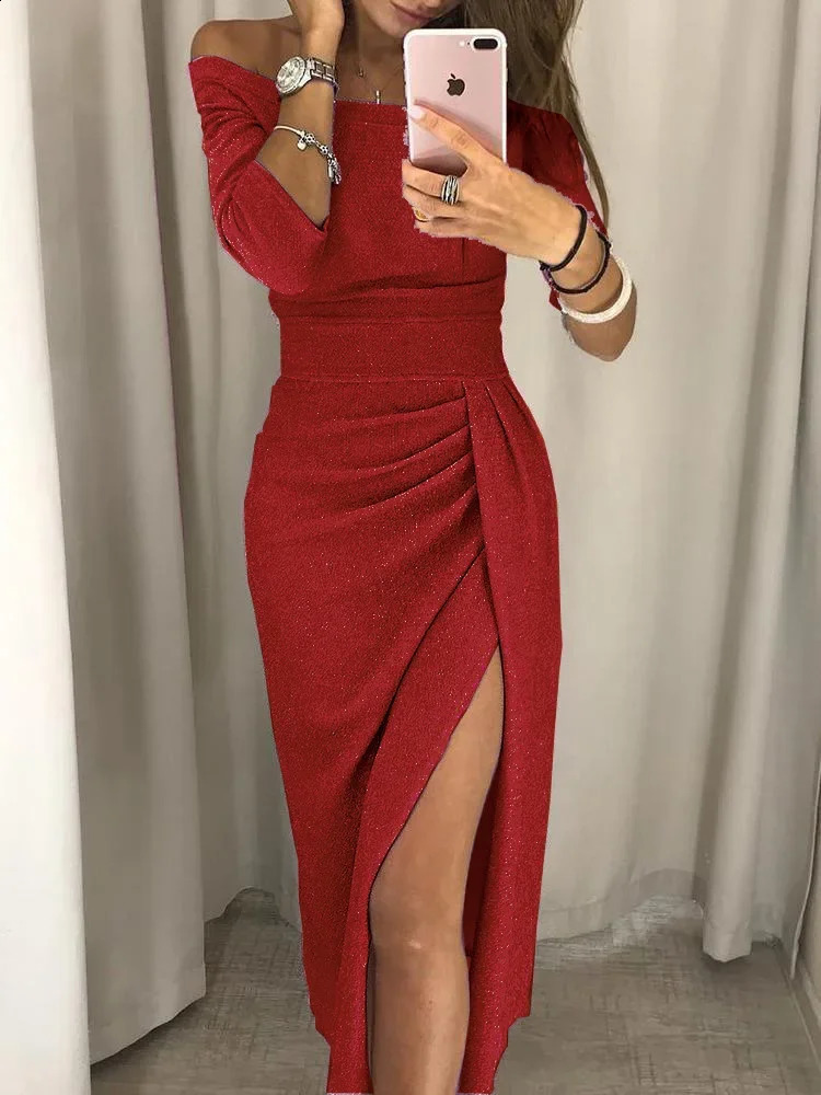 Womens Off Shoulder Long Sleeve Tight Evening Dress Asymmetric Split Pencil Dress S M L XL XXL 240830