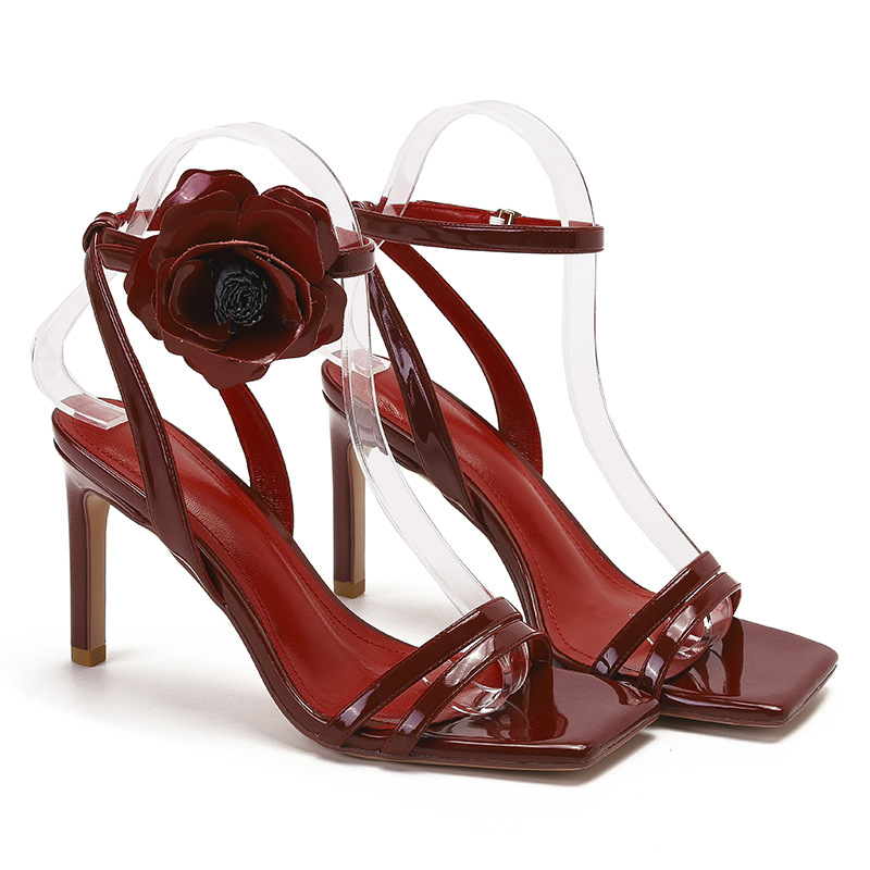 Korean Elegant Red Rose High Heels Women's Summer Square Toe Rhinestone Lace Up Sandals French Banquet Party Dress Pumps Shoes