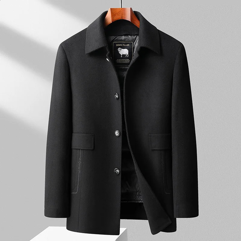 Late autumn winter detachable goose down lining wool coat mens business casual wool coat medium to long windproof jacket 240829
