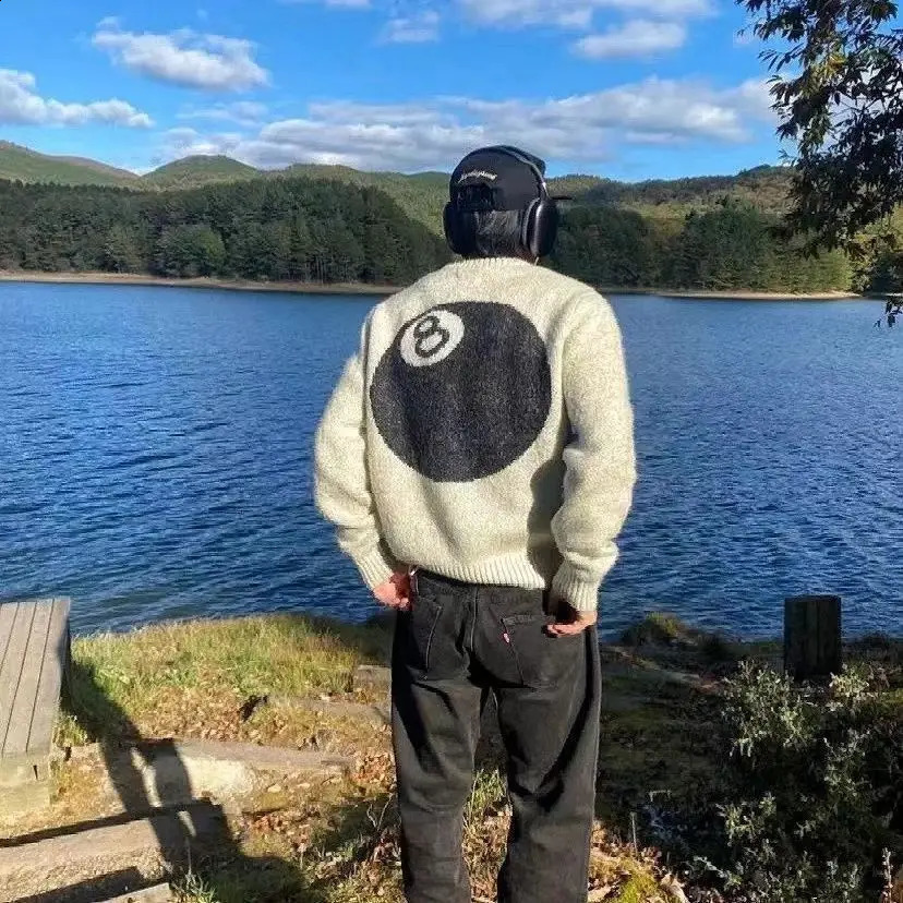 Black Eight Billiards Sweater Mens High Street Pullover American Knitted Sweater Lazy Knitted Couple Clothing 240829