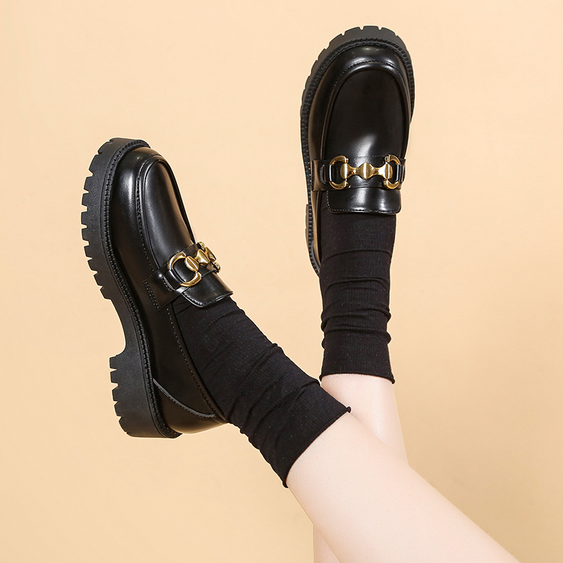 Women Loafers 2023 Spring Metal Button Black Platform Women's Shoes Fashion JK Lolita Soft Soled Student Office Leather Shoes