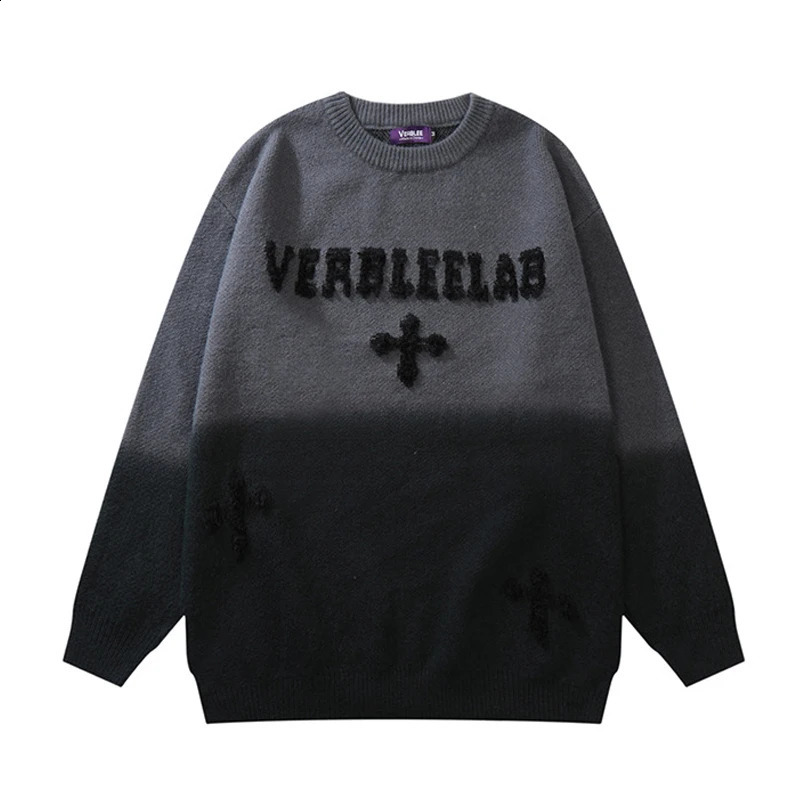 Mens Street Clothing Sweater Retro Alphabet Cross Flocking Hip Hop Knitted Sweater Retro Pullover Casual Cotton Sweater Hipster 240829