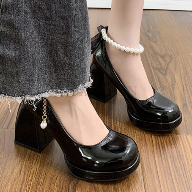 Ladies High Heels Elegant Bow Square Toe Black Fashion Women Pumps Thick Heel Wedding Party Pearl Lace Wedding Shoes for Women