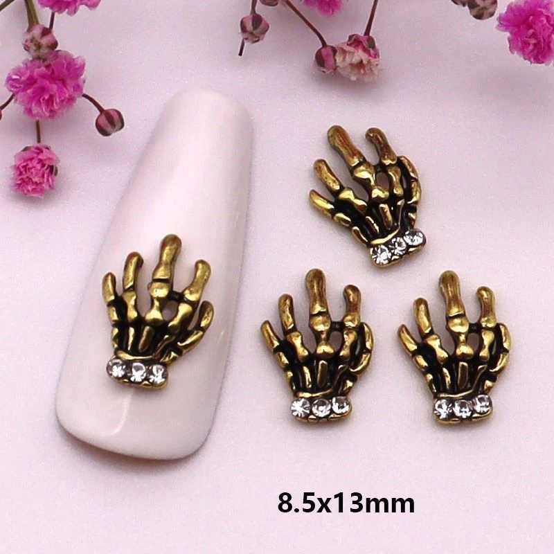 10 pieces/pack Metal Halloween nail decoration pumpkin skeleton spider skull shiny rhinestone charm nail accessories W240829