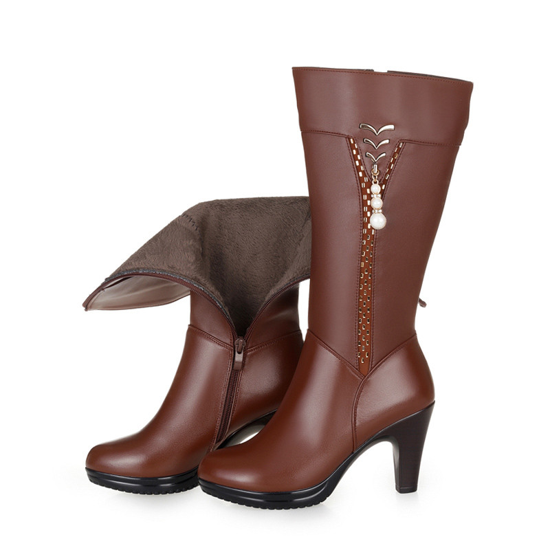 2024 Female winter shoes Women Genuine Leather High-heeled Boots Wool Lined Boots Fashion High Quality Motorcycle Boots
