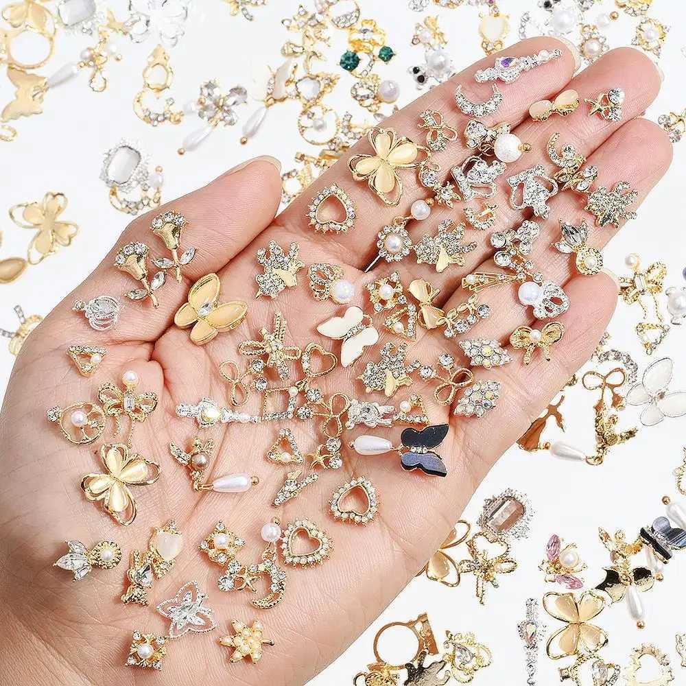 50 pieces of luxurious alloy nail charm gold/silver random mixed nail art decoration sparkling crystal gemstone rhinestone alloy nail charm W240829