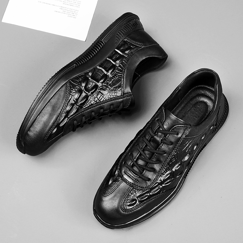 Genuine Leather Mens Casual Shoes Lace Up Fashion Trainers Non Slip Lightweight Sneakers Crocodile Pattern Male Tenis Masculino