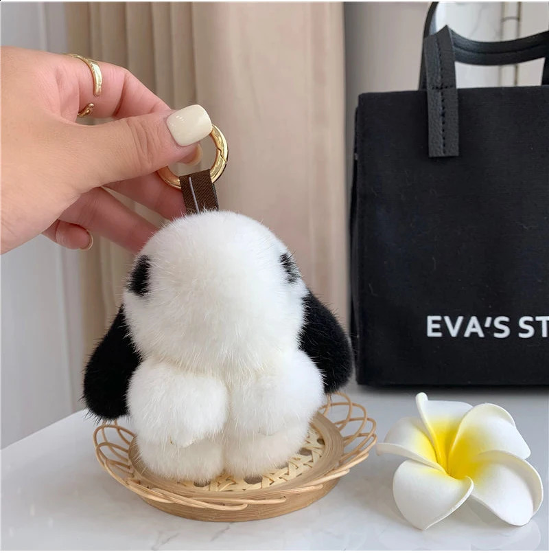 Cute Long Ear Bunny Keychain Real Mink Fur Rabbit Doll Pendant Toys Keyring Handbag Charm Ornament Pompom Plush Jewelry Gifts y240829
