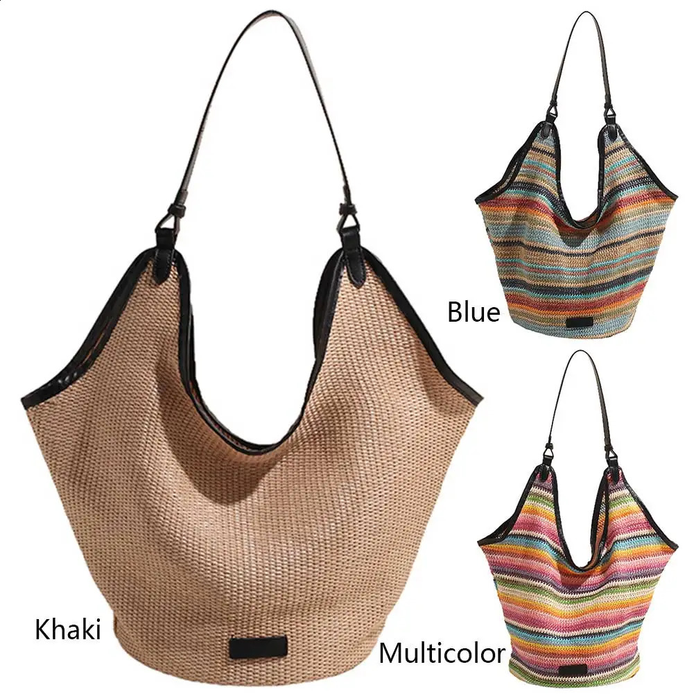 Womens straw bag womens handbag simple shoulder large capacity wallet woven strip hand outdoor travel 240830