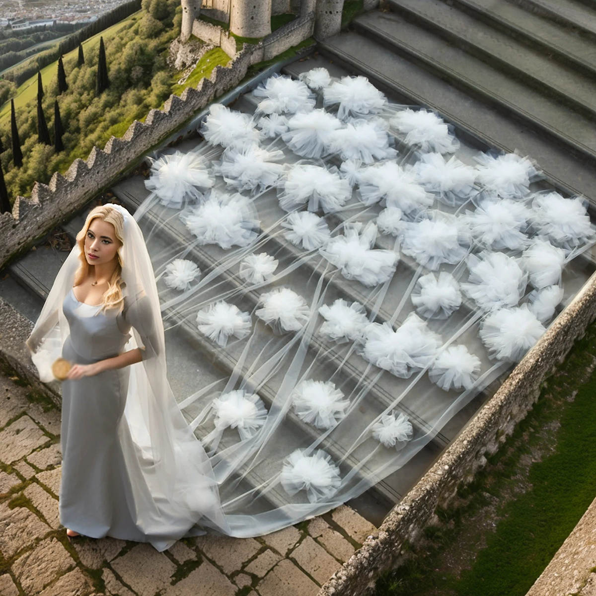 Luxury Wedding Veil Flowers Tulle One Layer Long Cathedral Length Veils Applique Edge Velo De Cabeza For Bride Voile Custom Made