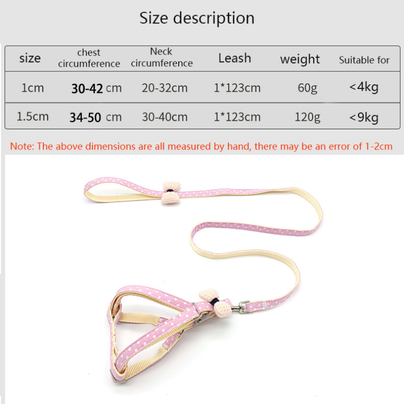 Adjustable Dog Collar and Leash Set with Polka Dot Print & Bow Embellishment Pet Chest Harness Pet Supplies for Puppies and Cats