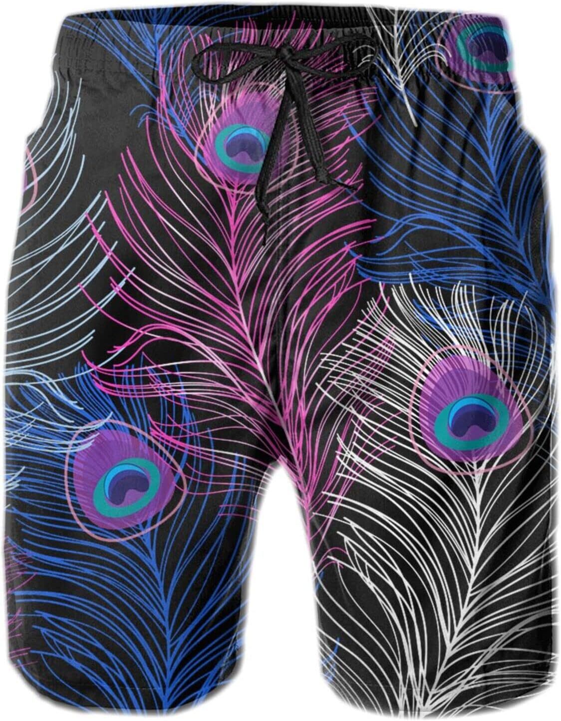 Mens Shorts 3D Printing Pattern Blue Pink Feather Swim Trunks Quick Dry Casual Beach Board Swimwear